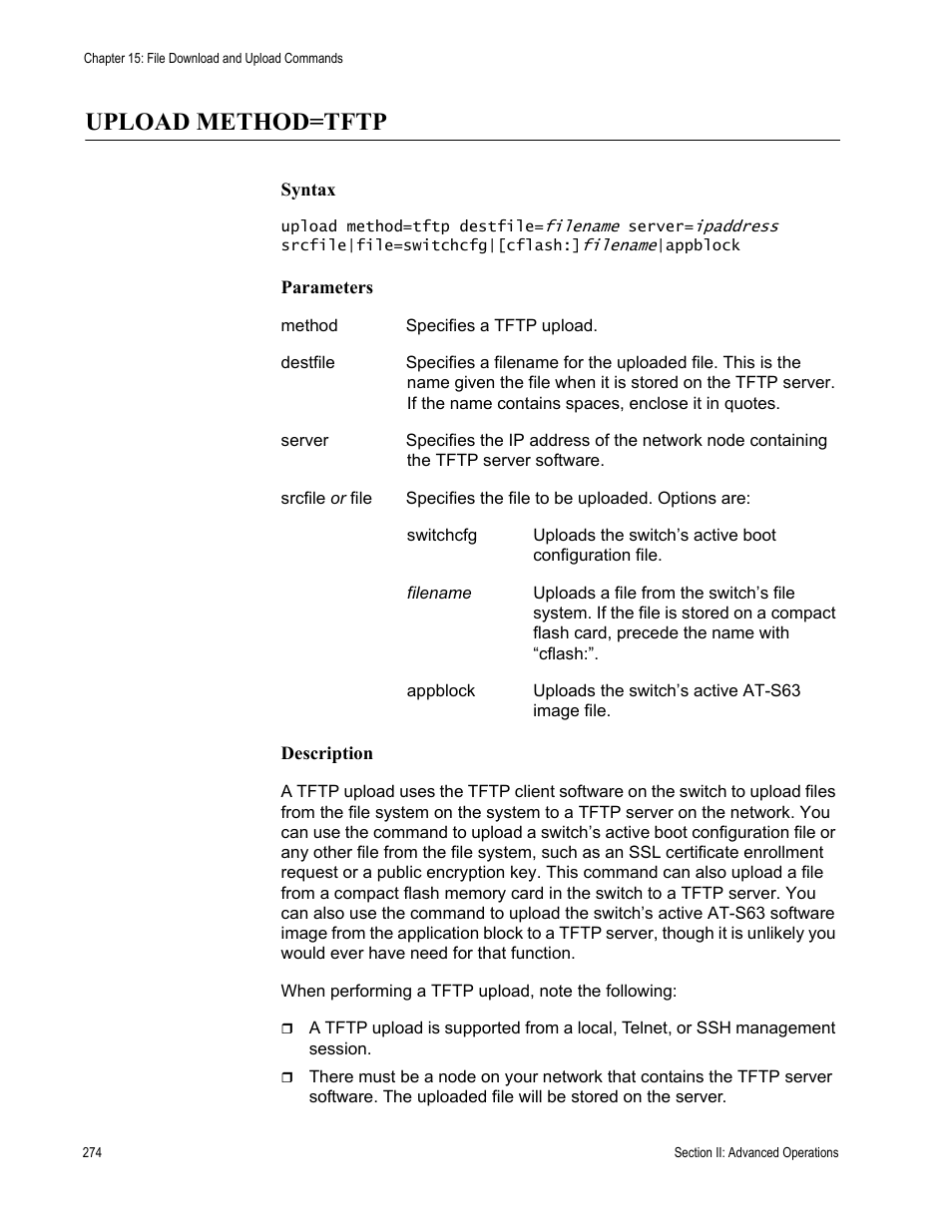 Upload method=tftp | Allied Telesis AT-S63 User Manual | Page 274 / 836