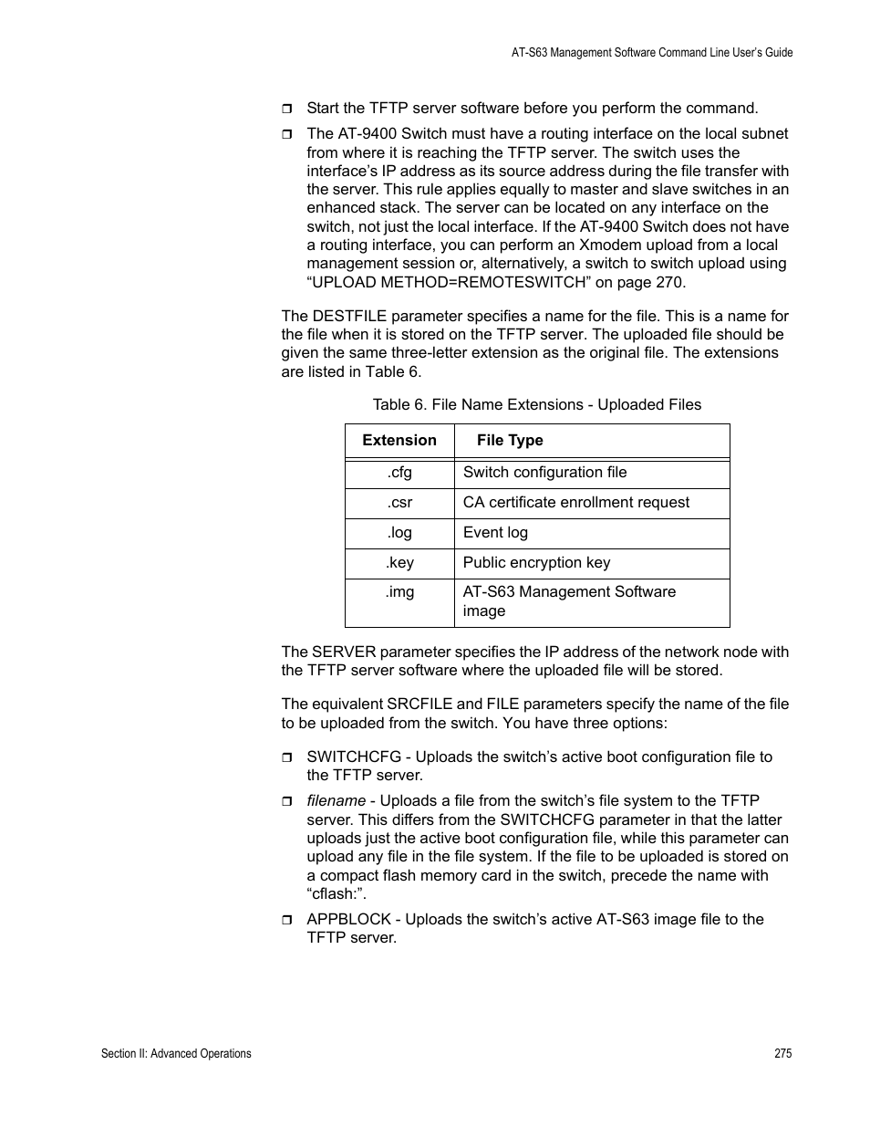 Table 6. file name extensions - uploaded files | Allied Telesis AT-S63 User Manual | Page 275 / 836