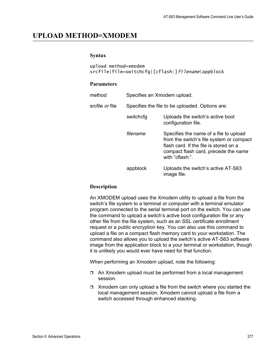 Upload method=xmodem | Allied Telesis AT-S63 User Manual | Page 277 / 836