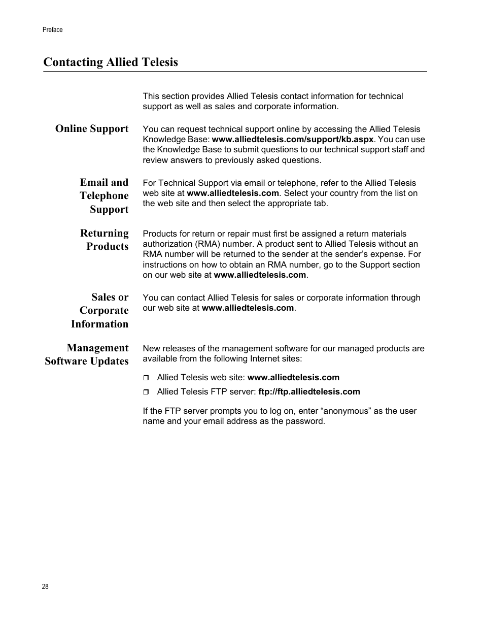 Contacting allied telesis, Online support, Email and telephone support | Returning products, Sales or corporate information, Management software updates | Allied Telesis AT-S63 User Manual | Page 28 / 836