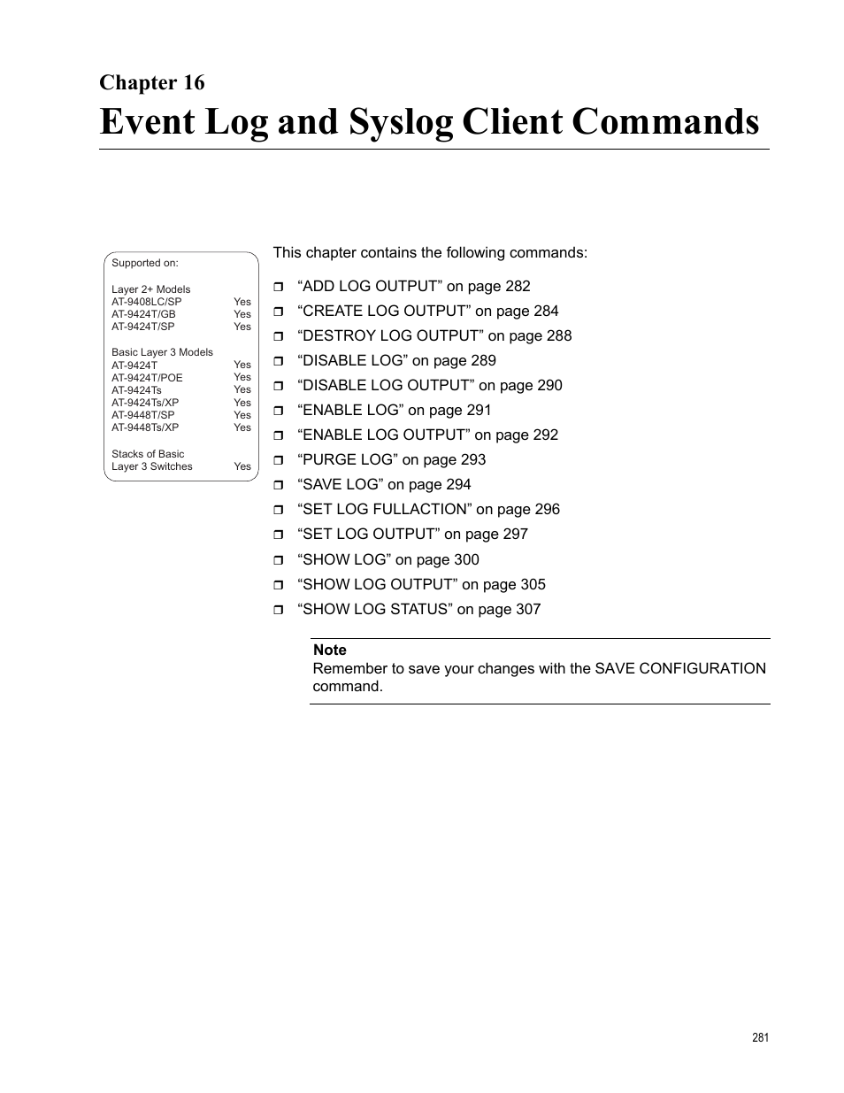 Chapter 16, Event log and syslog client commands | Allied Telesis AT-S63 User Manual | Page 281 / 836