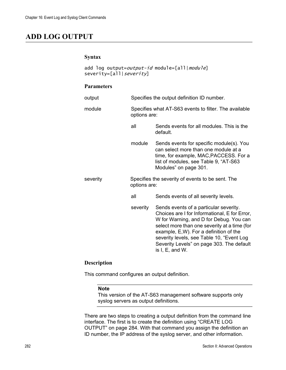 Add log output | Allied Telesis AT-S63 User Manual | Page 282 / 836
