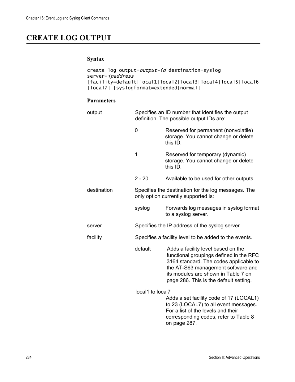 Create log output | Allied Telesis AT-S63 User Manual | Page 284 / 836