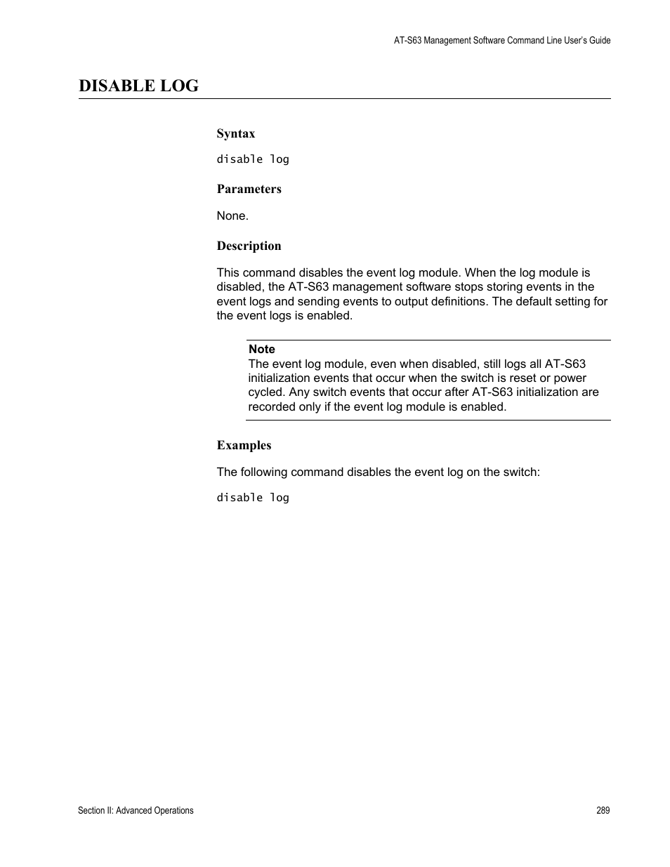 Disable log | Allied Telesis AT-S63 User Manual | Page 289 / 836