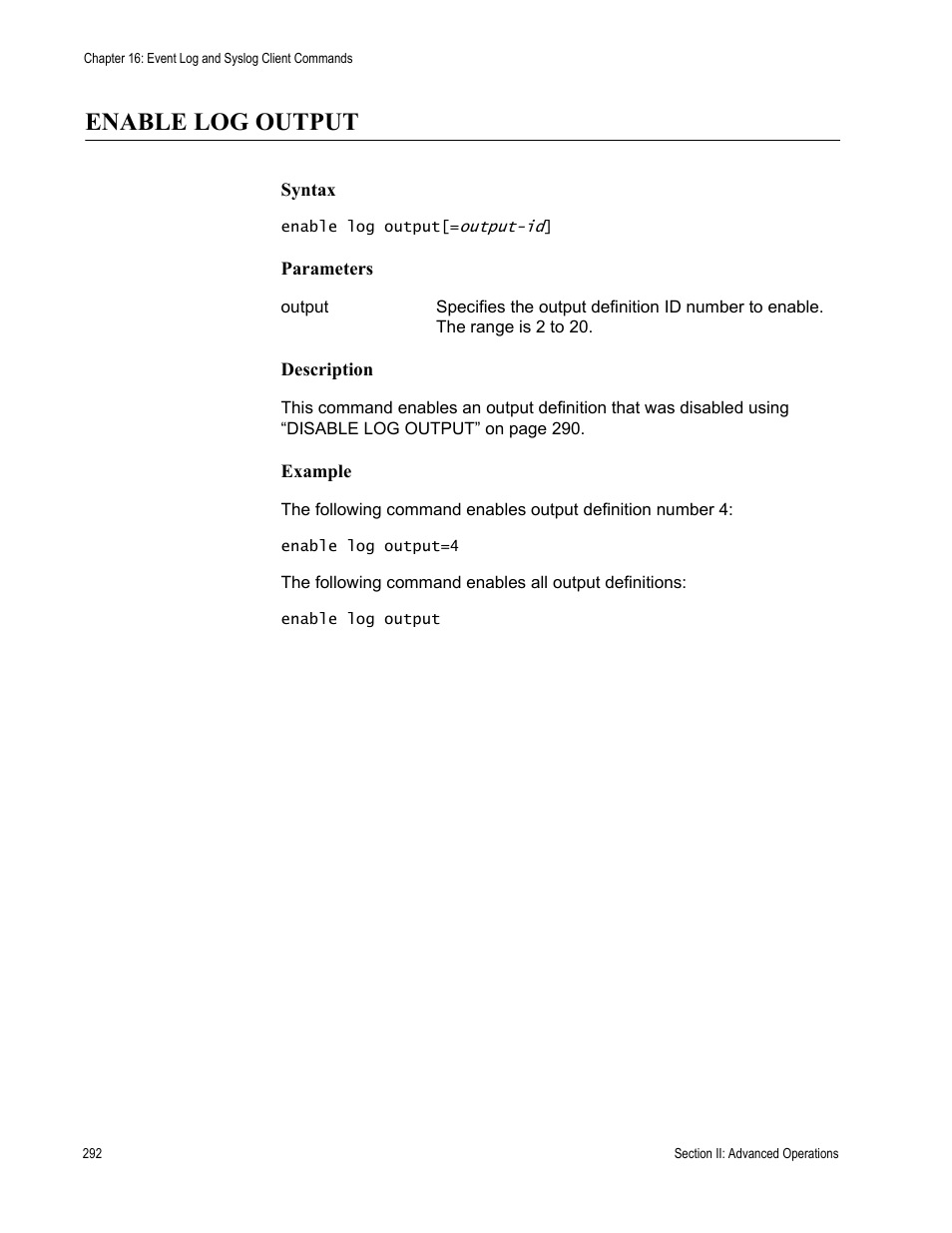 Enable log output | Allied Telesis AT-S63 User Manual | Page 292 / 836