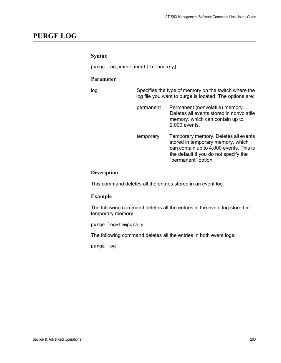 Purge log | Allied Telesis AT-S63 User Manual | Page 293 / 836