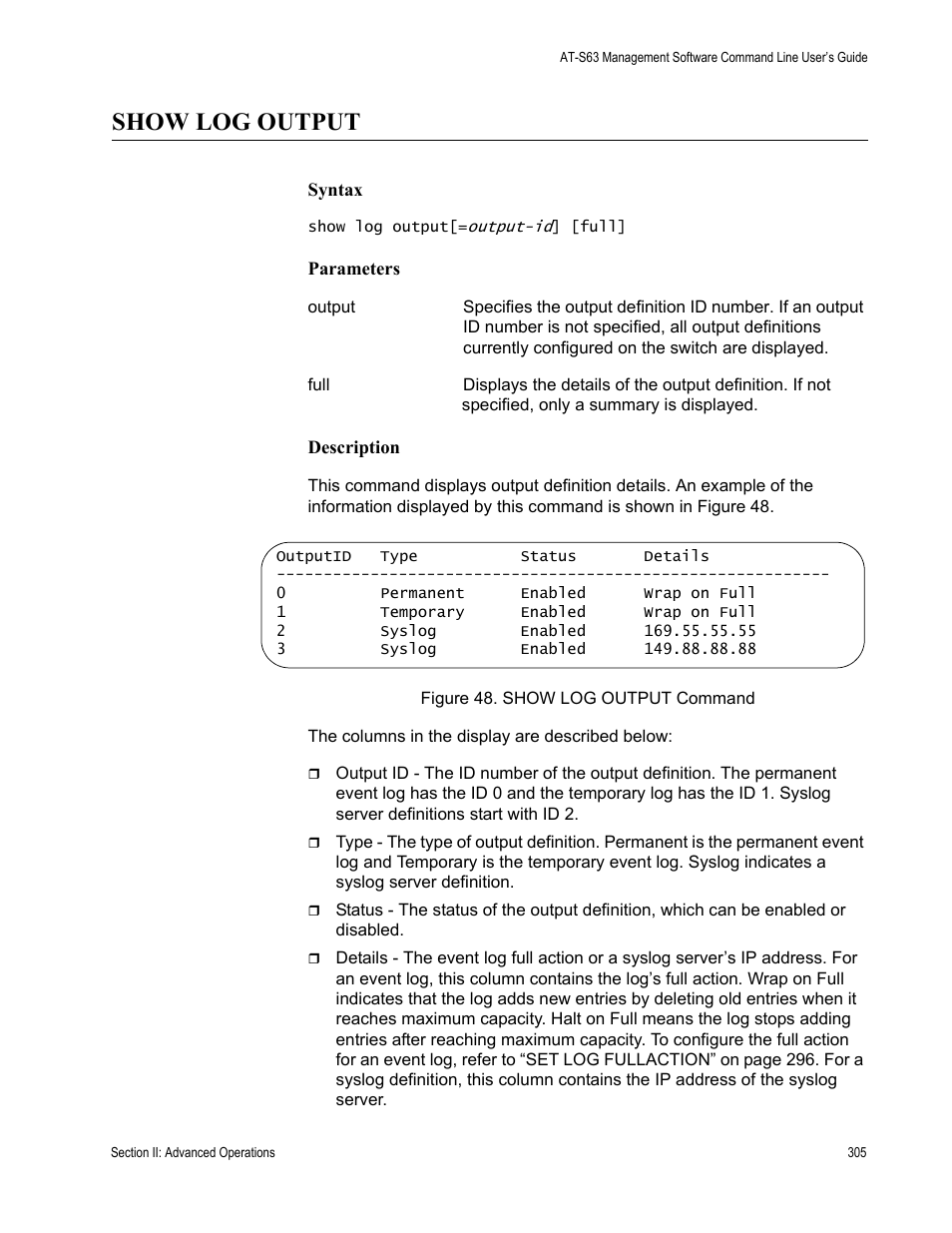 Show log output | Allied Telesis AT-S63 User Manual | Page 305 / 836