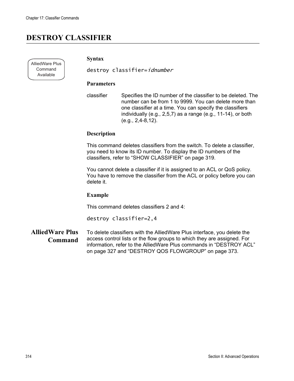 Destroy classifier, Alliedware plus command | Allied Telesis AT-S63 User Manual | Page 314 / 836