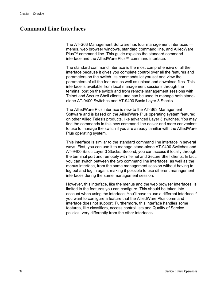 Command line interfaces | Allied Telesis AT-S63 User Manual | Page 32 / 836