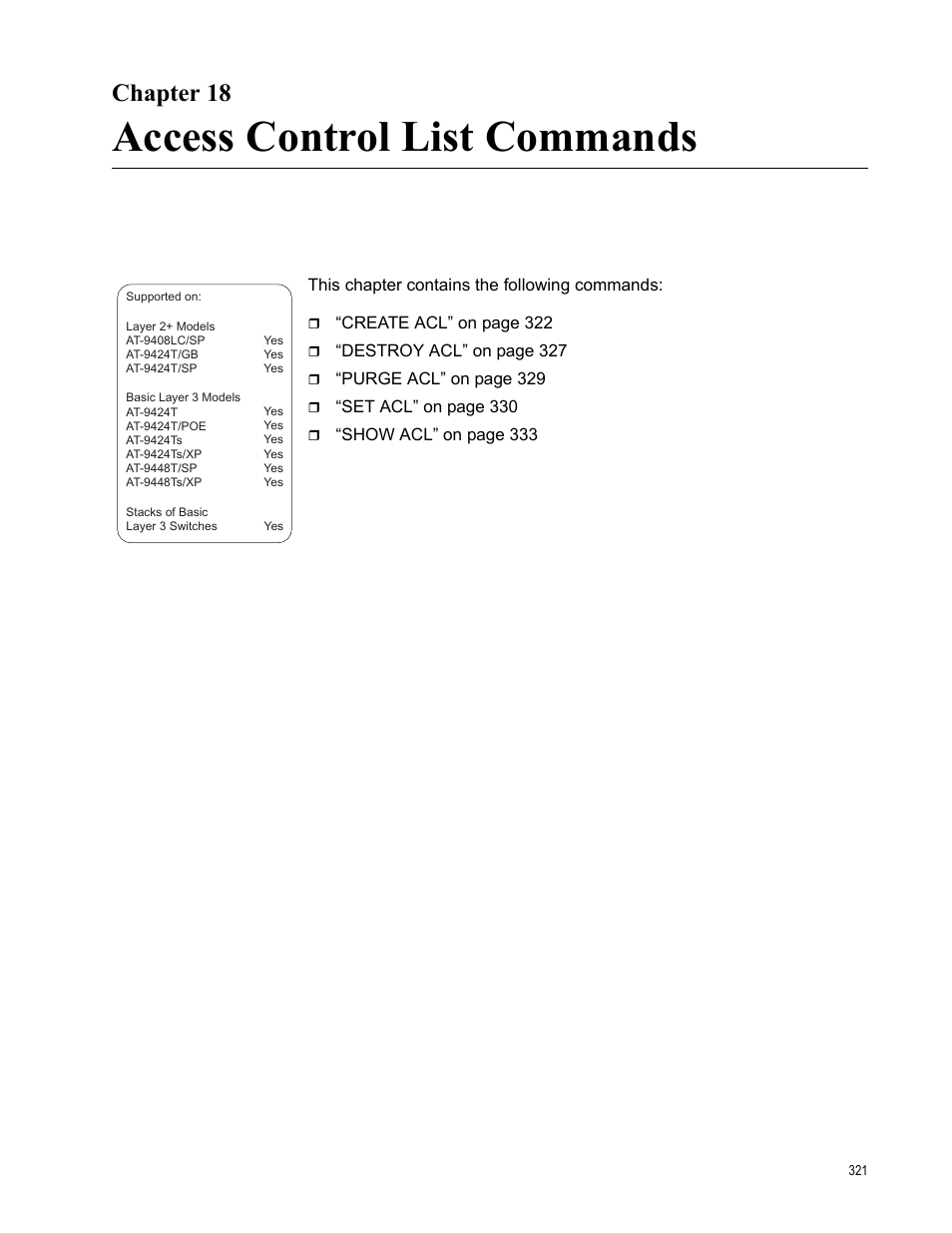 Chapter 18, Access control list commands | Allied Telesis AT-S63 User Manual | Page 321 / 836