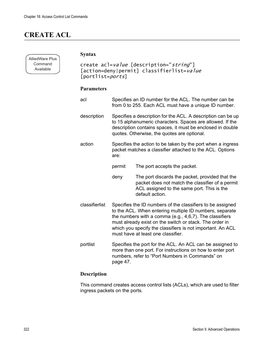 Create acl | Allied Telesis AT-S63 User Manual | Page 322 / 836