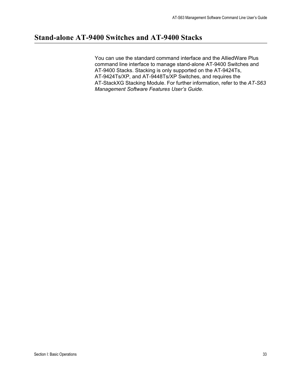 Stand-alone at-9400 switches and at-9400 stacks | Allied Telesis AT-S63 User Manual | Page 33 / 836