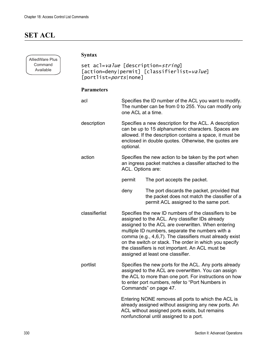 Set acl | Allied Telesis AT-S63 User Manual | Page 330 / 836