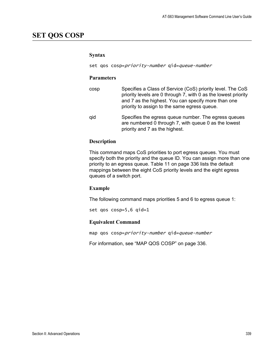 Set qos cosp | Allied Telesis AT-S63 User Manual | Page 339 / 836