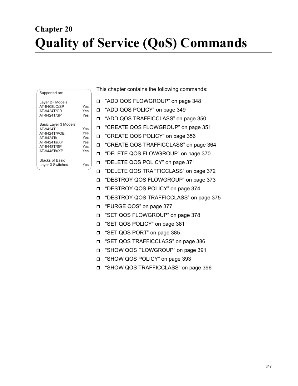 Chapter 20, Quality of service (qos) commands | Allied Telesis AT-S63 User Manual | Page 347 / 836