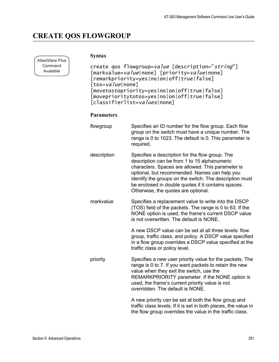 Create qos flowgroup | Allied Telesis AT-S63 User Manual | Page 351 / 836