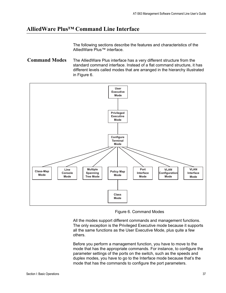 Alliedware plus™ command line interface, Command modes | Allied Telesis AT-S63 User Manual | Page 37 / 836