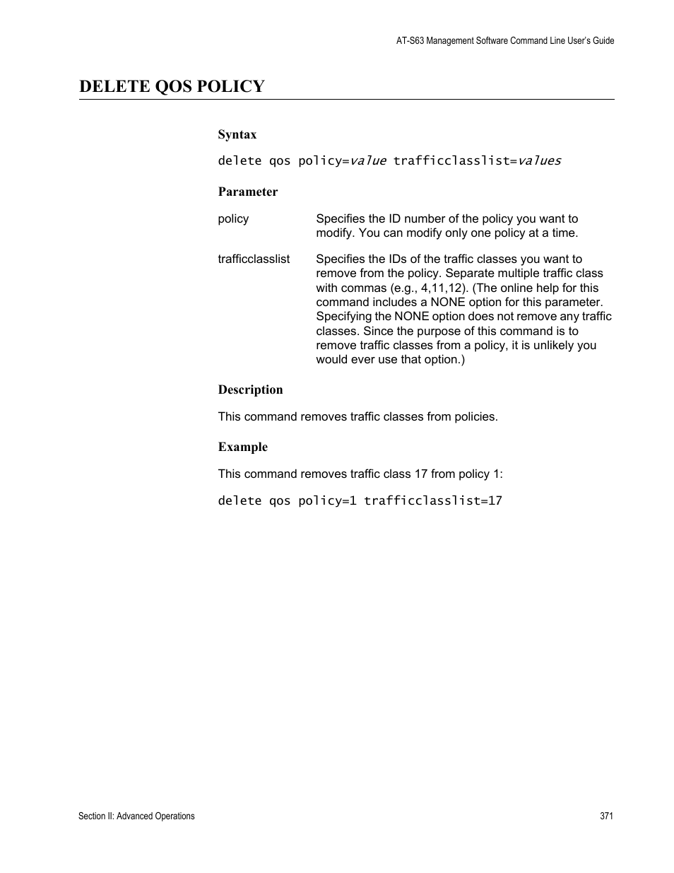 Delete qos policy | Allied Telesis AT-S63 User Manual | Page 371 / 836