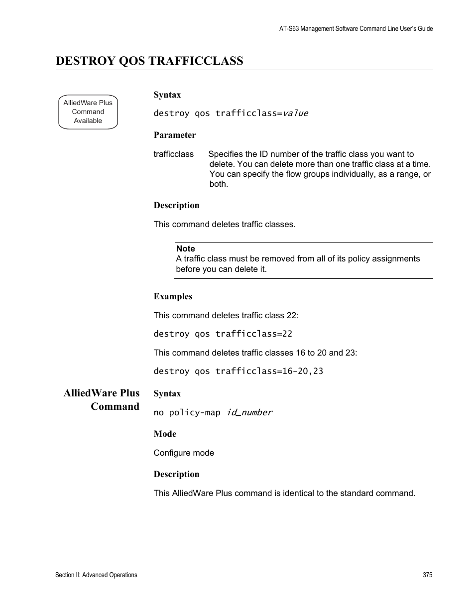 Destroy qos trafficclass, Alliedware plus command | Allied Telesis AT-S63 User Manual | Page 375 / 836