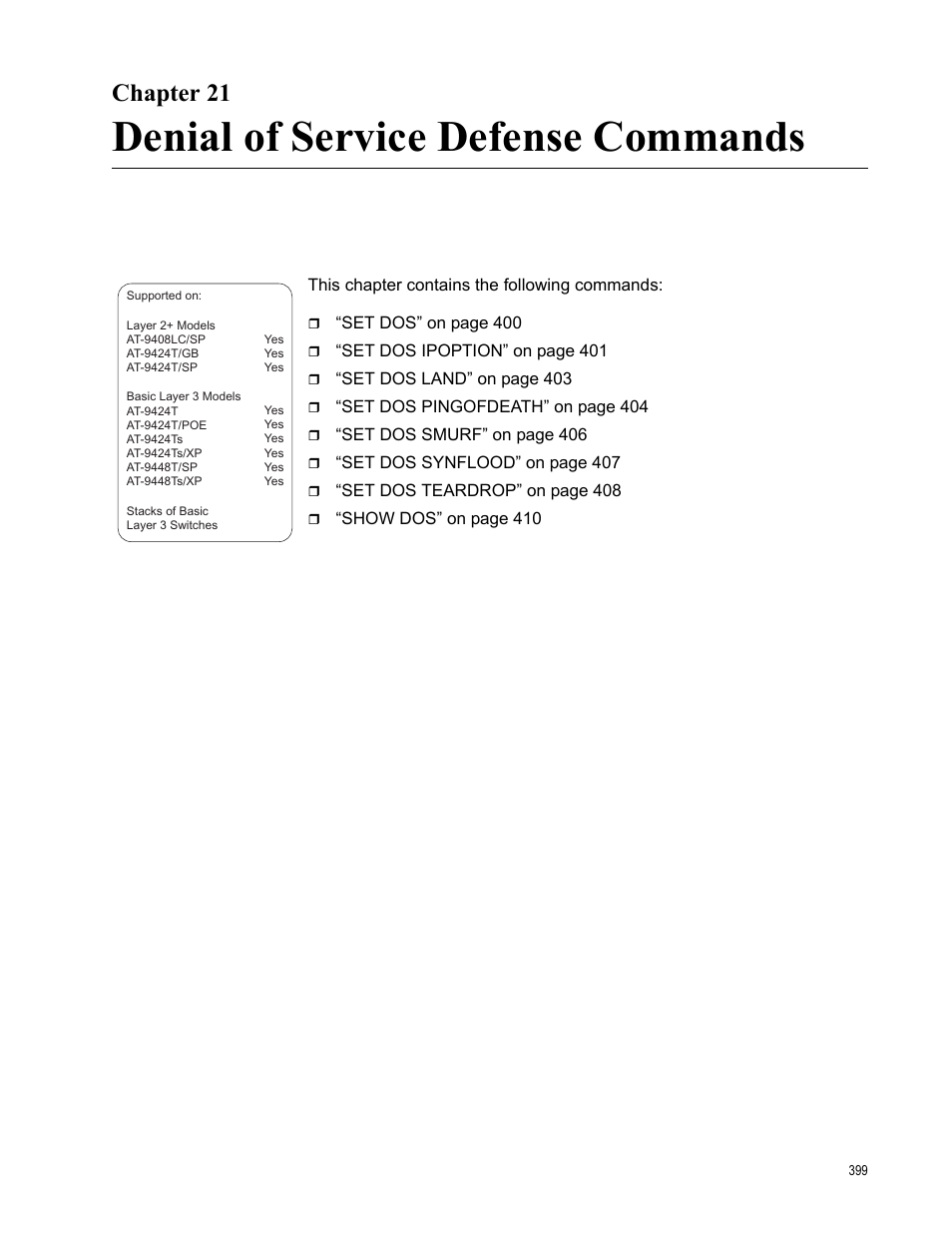 Chapter 21, Denial of service defense commands | Allied Telesis AT-S63 User Manual | Page 399 / 836