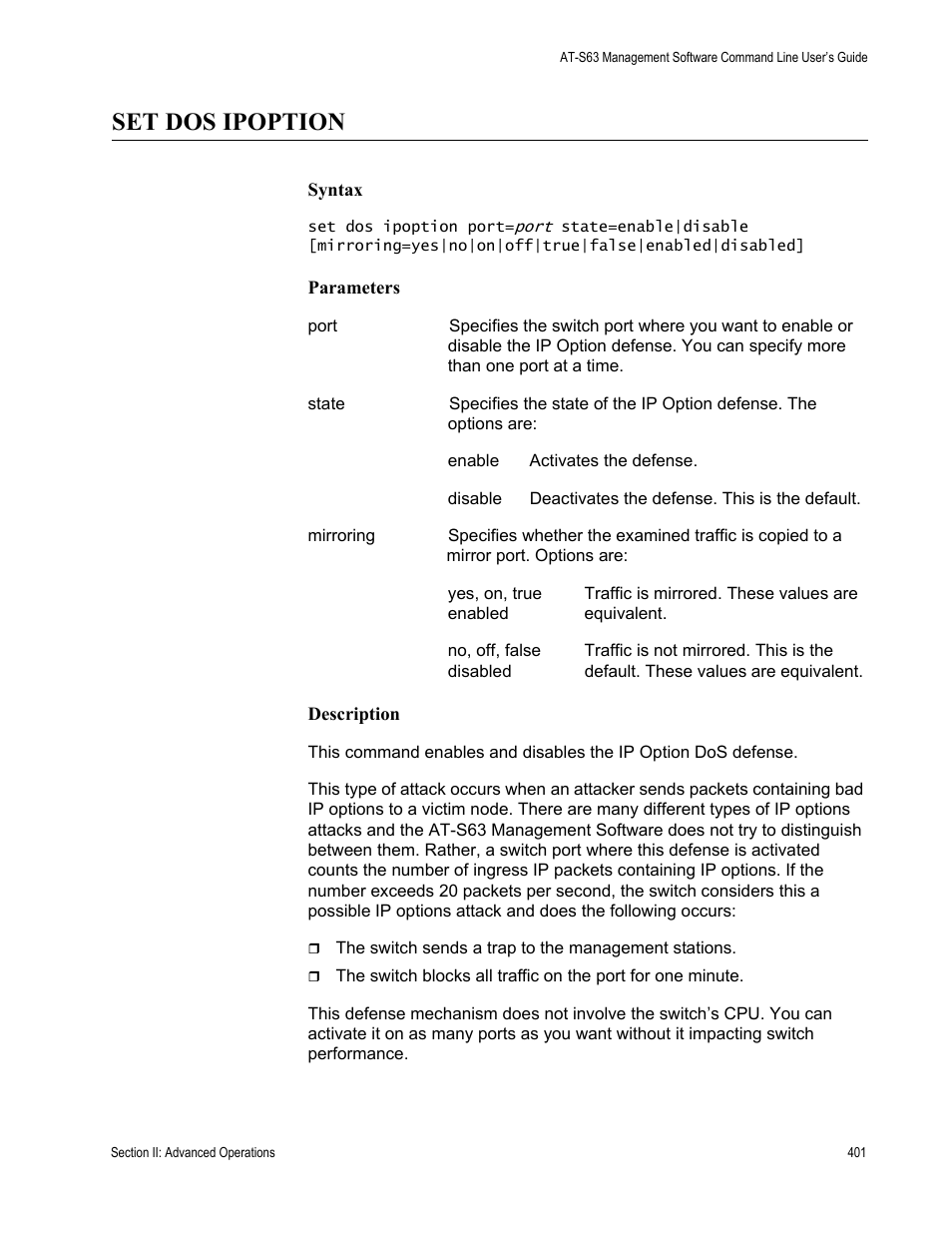 Set dos ipoption | Allied Telesis AT-S63 User Manual | Page 401 / 836