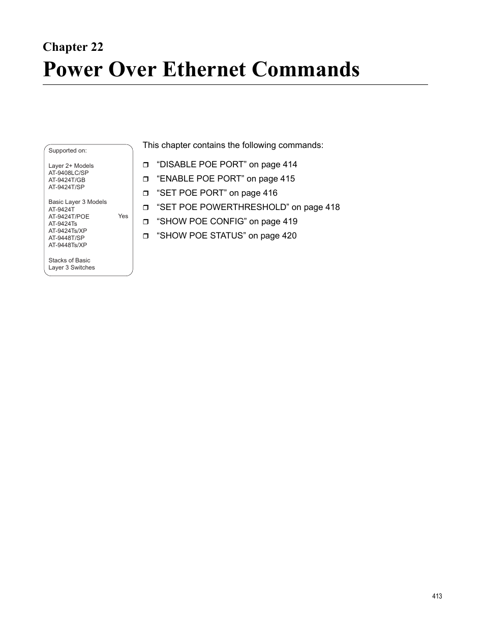 Chapter 22, Power over ethernet commands | Allied Telesis AT-S63 User Manual | Page 413 / 836