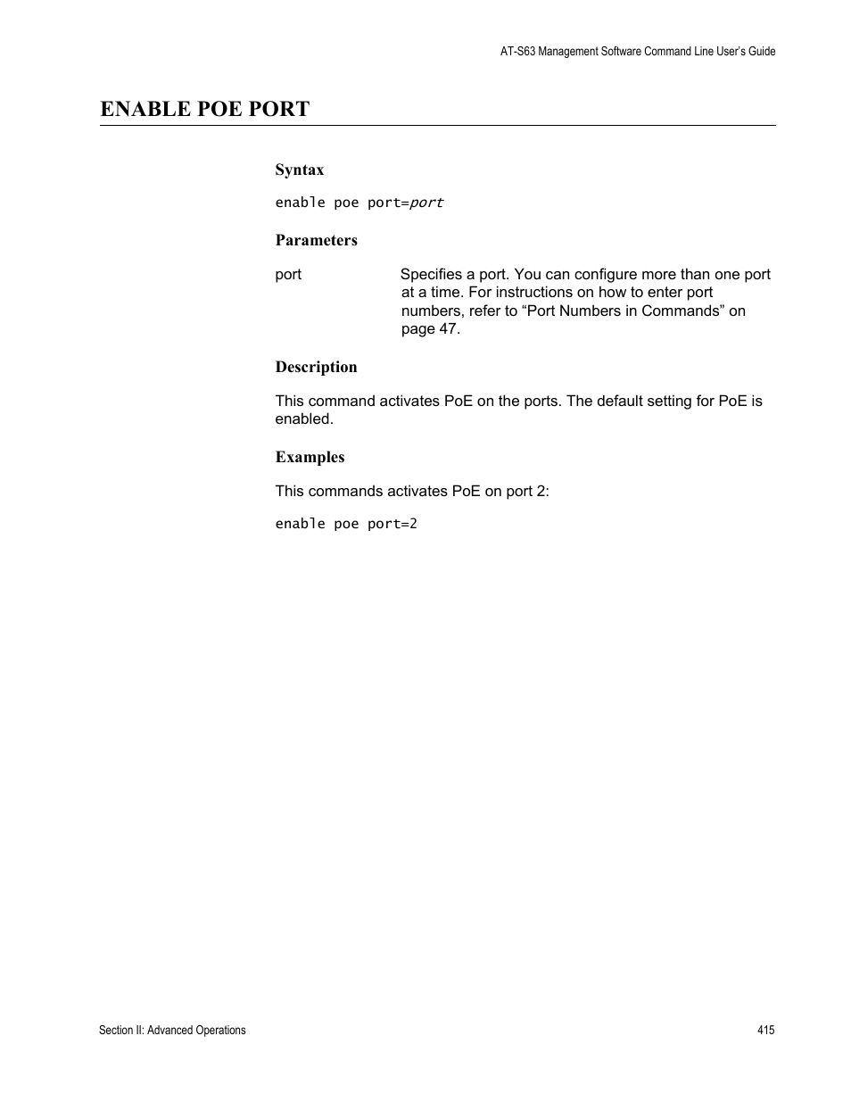 Enable poe port | Allied Telesis AT-S63 User Manual | Page 415 / 836