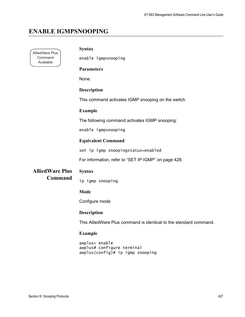 Enable igmpsnooping, Alliedware plus command | Allied Telesis AT-S63 User Manual | Page 427 / 836