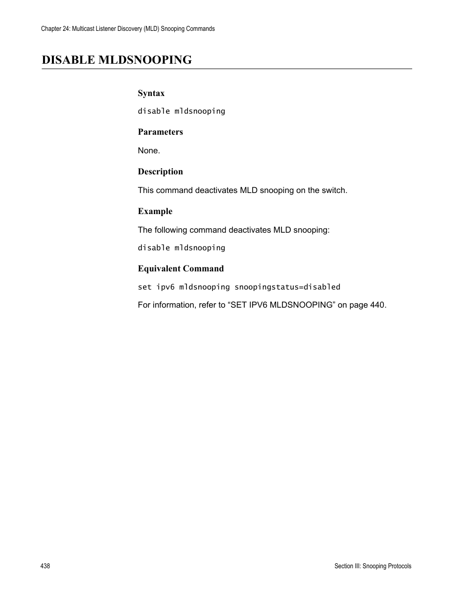 Disable mldsnooping | Allied Telesis AT-S63 User Manual | Page 438 / 836