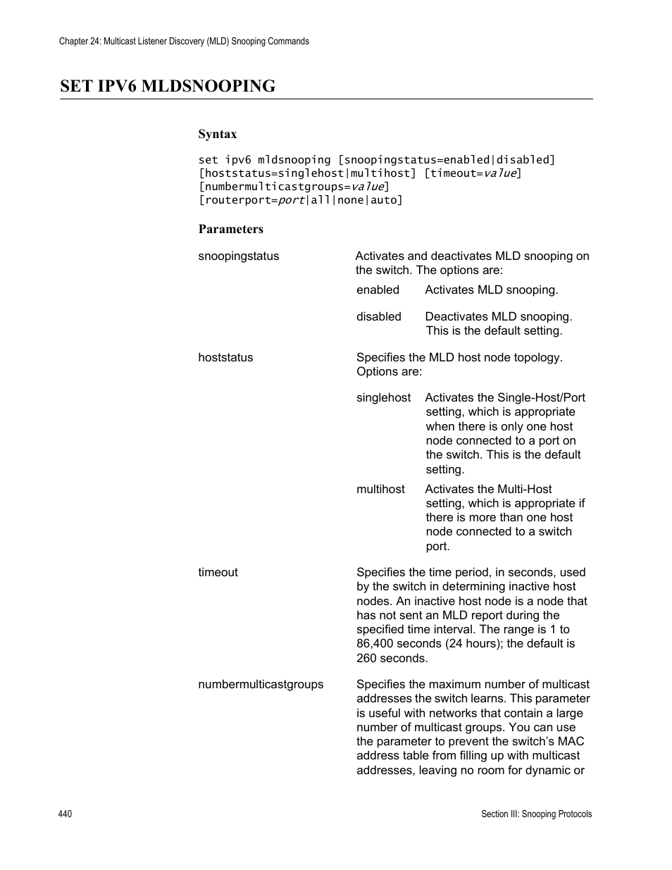 Set ipv6 mldsnooping | Allied Telesis AT-S63 User Manual | Page 440 / 836