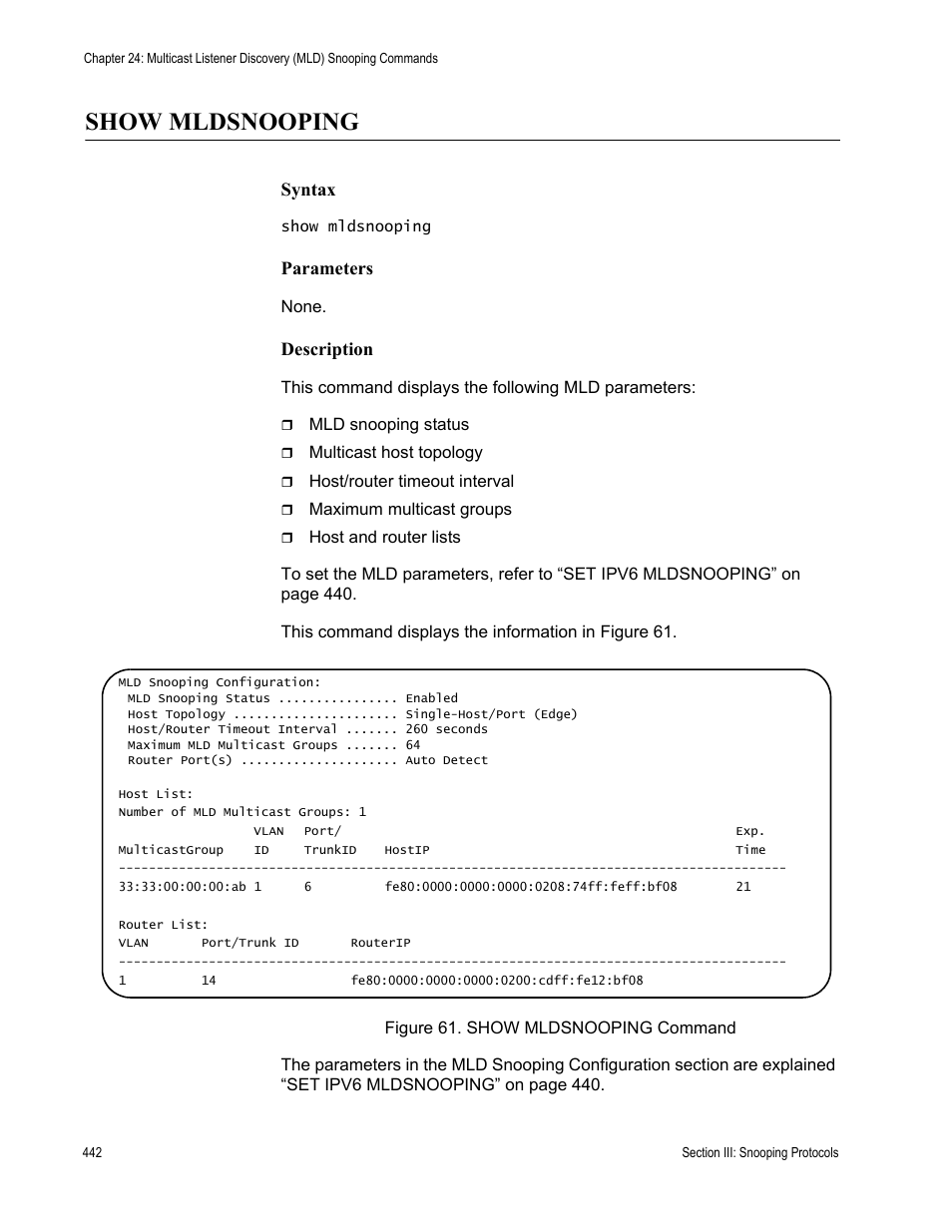 Show mldsnooping, Syntax, Parameters | Description | Allied Telesis AT-S63 User Manual | Page 442 / 836