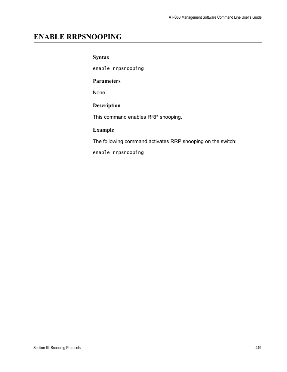Enable rrpsnooping | Allied Telesis AT-S63 User Manual | Page 449 / 836