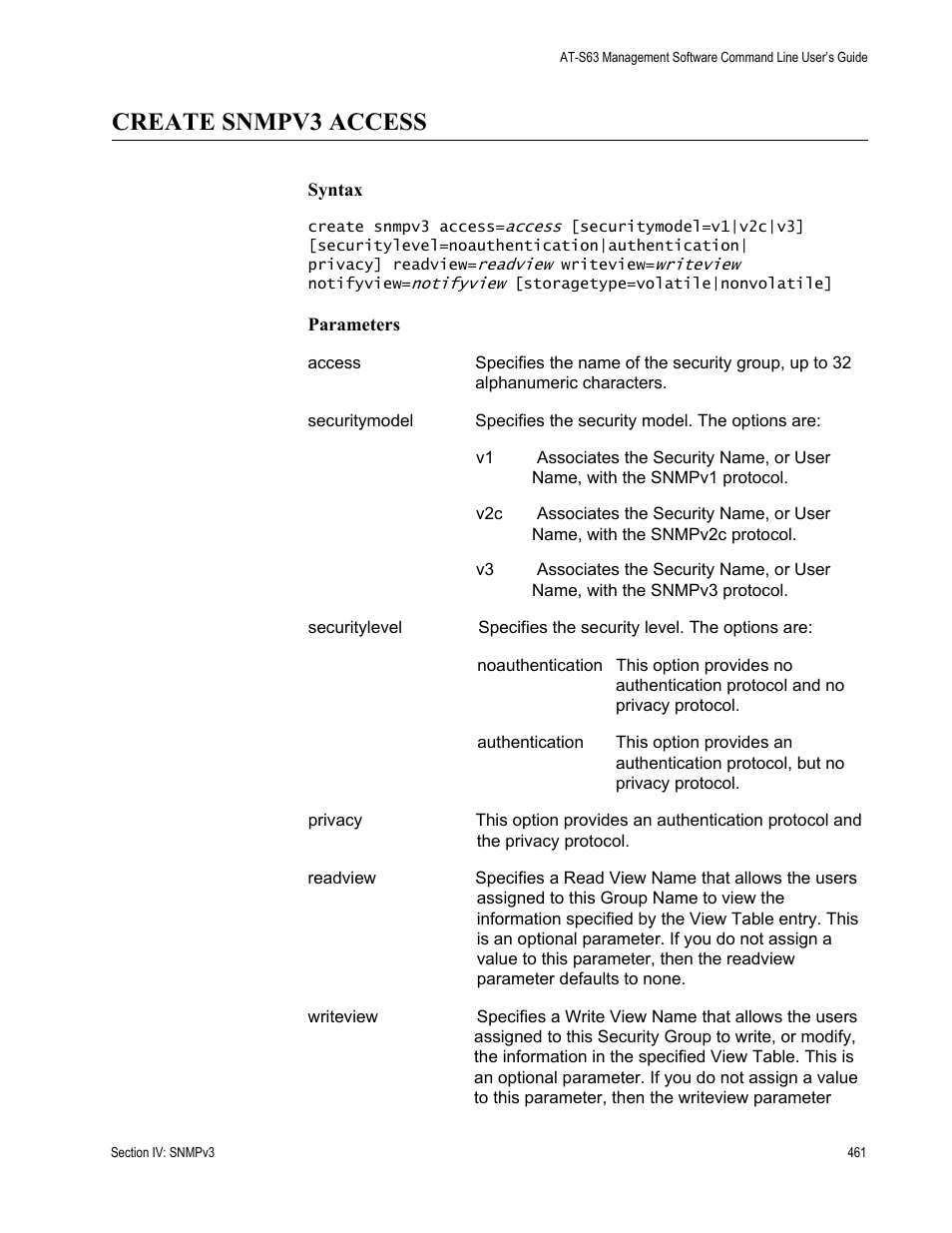 Create snmpv3 access | Allied Telesis AT-S63 User Manual | Page 461 / 836
