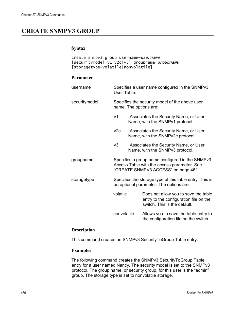 Create snmpv3 group | Allied Telesis AT-S63 User Manual | Page 466 / 836