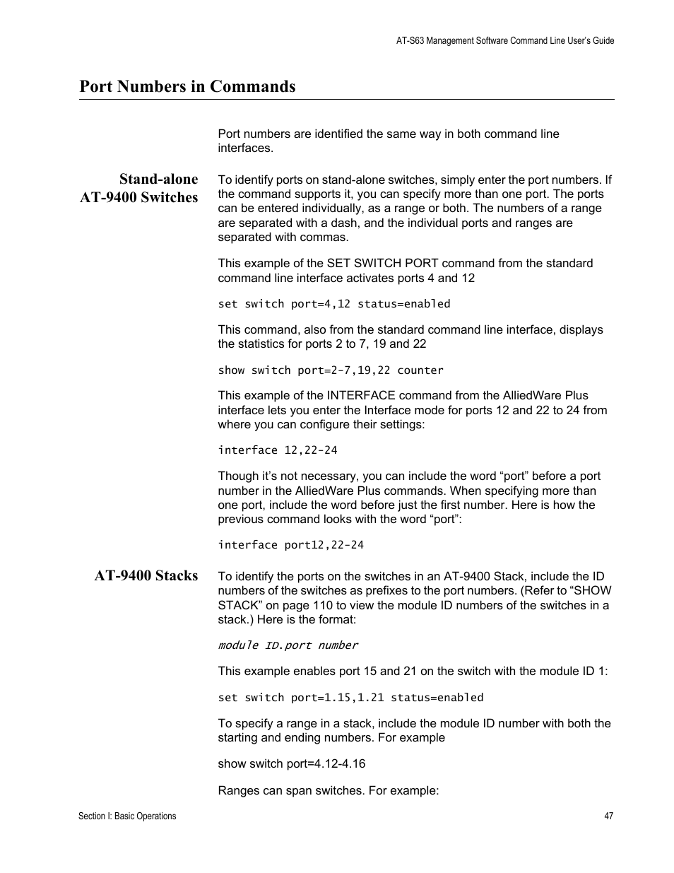 Port numbers in commands, Stand-alone at-9400 switches, At-9400 stacks | Stand-alone at-9400 switches at-9400 stacks | Allied Telesis AT-S63 User Manual | Page 47 / 836