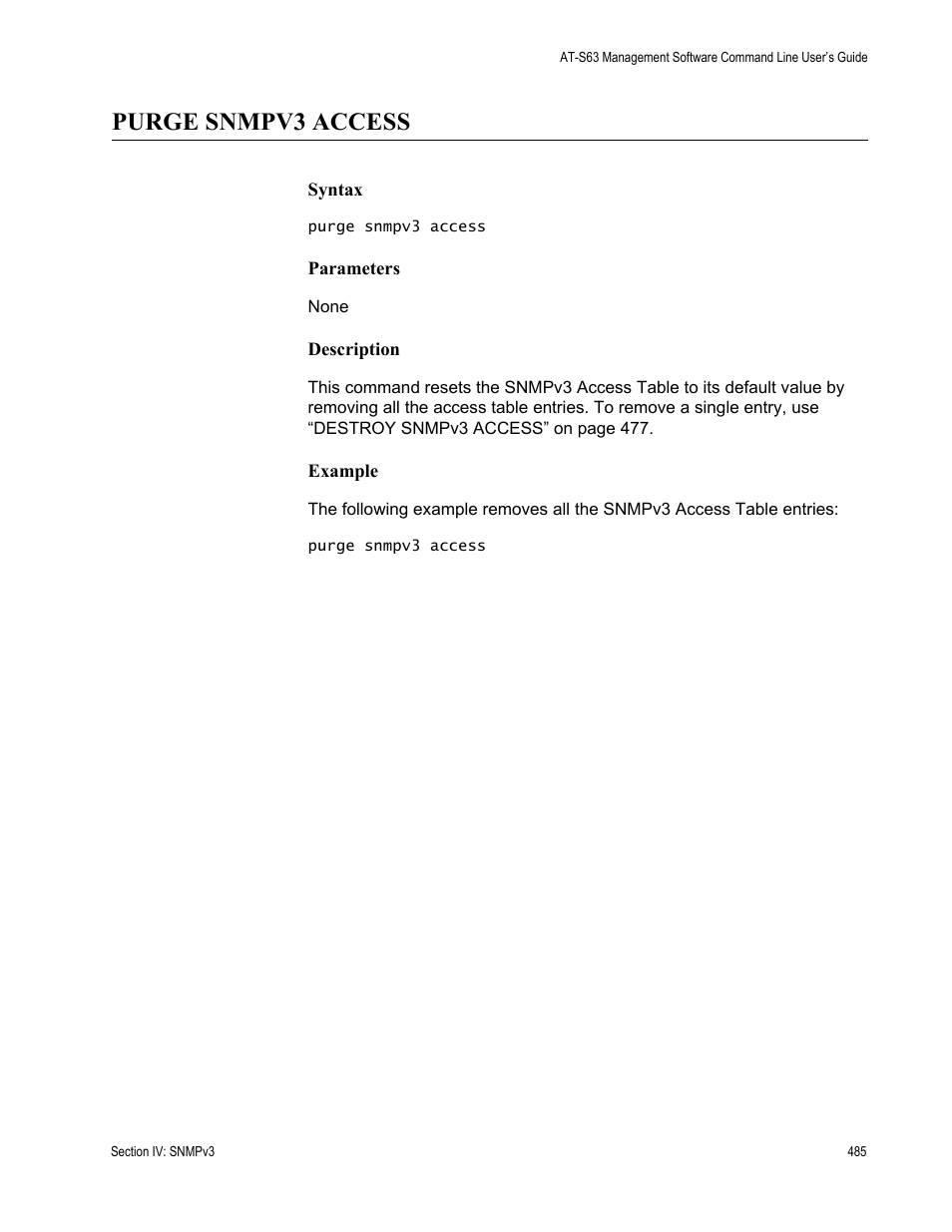 Purge snmpv3 access | Allied Telesis AT-S63 User Manual | Page 485 / 836