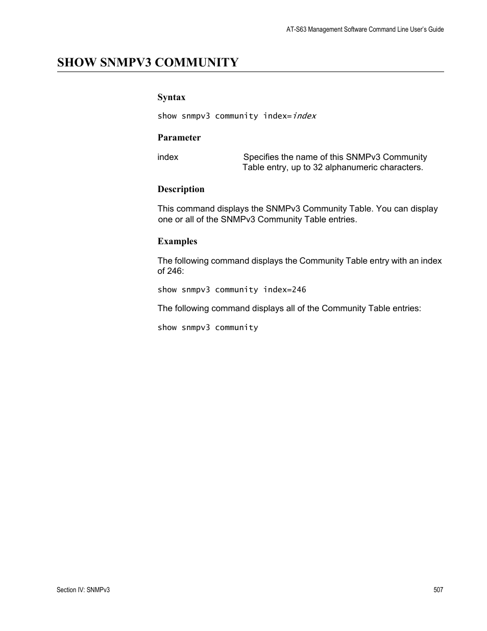 Show snmpv3 community | Allied Telesis AT-S63 User Manual | Page 507 / 836