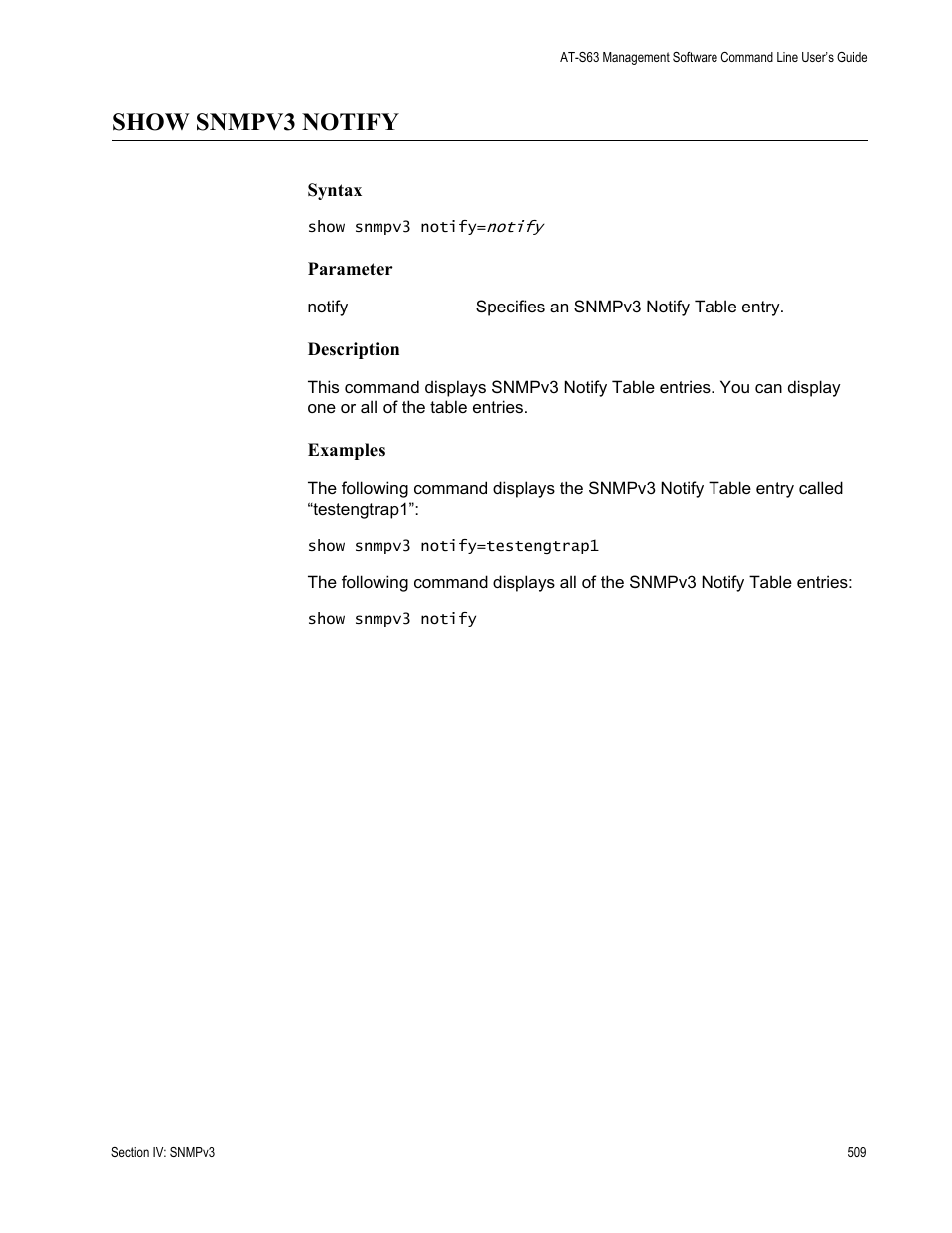 Show snmpv3 notify | Allied Telesis AT-S63 User Manual | Page 509 / 836
