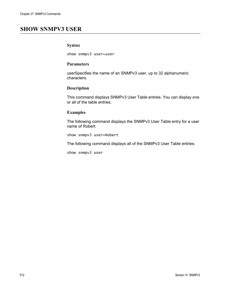 Show snmpv3 user | Allied Telesis AT-S63 User Manual | Page 512 / 836