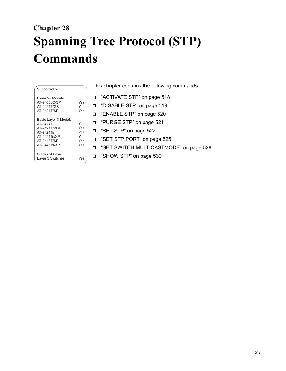 Chapter 28, Spanning tree protocol (stp) commands | Allied Telesis AT-S63 User Manual | Page 517 / 836
