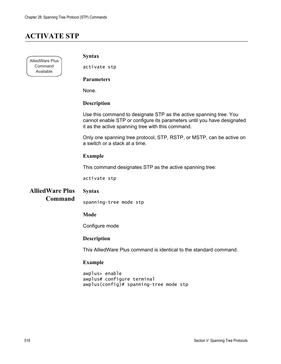 Activate stp, Alliedware plus command | Allied Telesis AT-S63 User Manual | Page 518 / 836