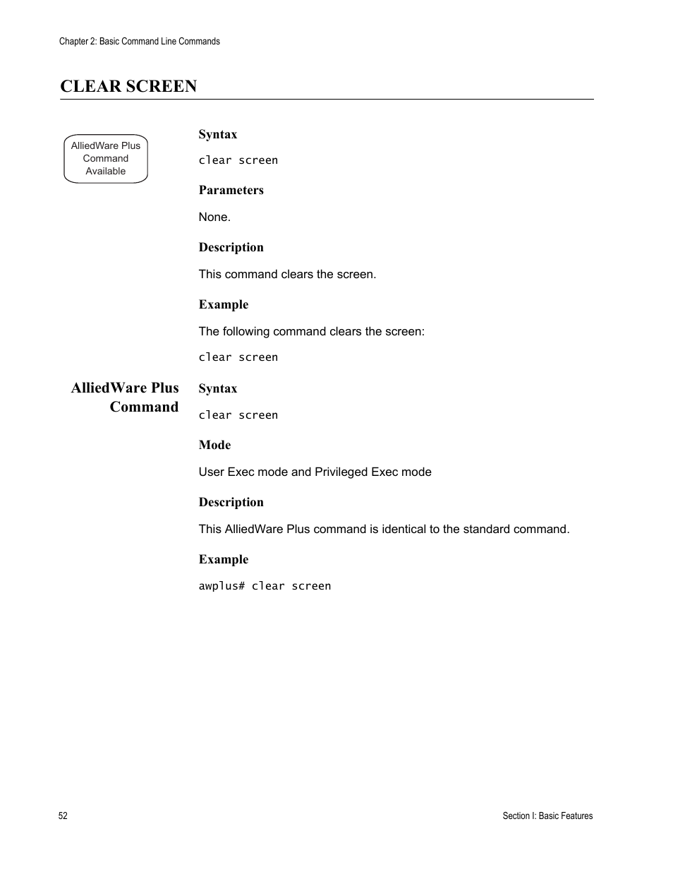 Clear screen, Alliedware plus command | Allied Telesis AT-S63 User Manual | Page 52 / 836