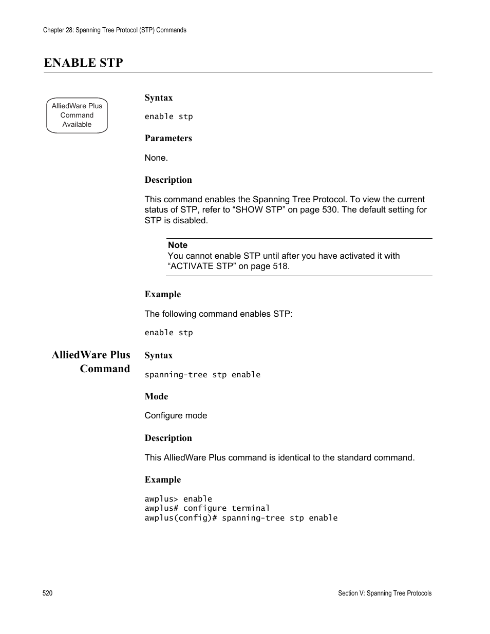 Enable stp, Alliedware plus command | Allied Telesis AT-S63 User Manual | Page 520 / 836