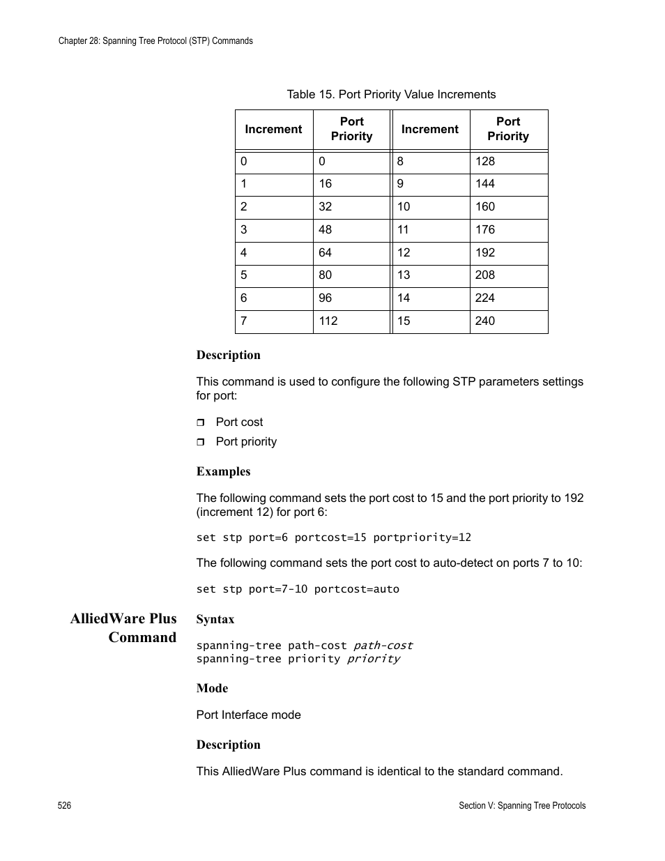 Alliedware plus command, Table 15. port priority value increments, Own in table 15. you | Allied Telesis AT-S63 User Manual | Page 526 / 836