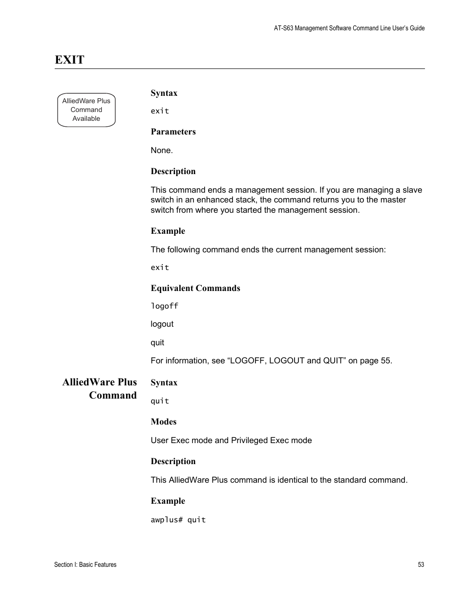 Exit, Alliedware plus command | Allied Telesis AT-S63 User Manual | Page 53 / 836