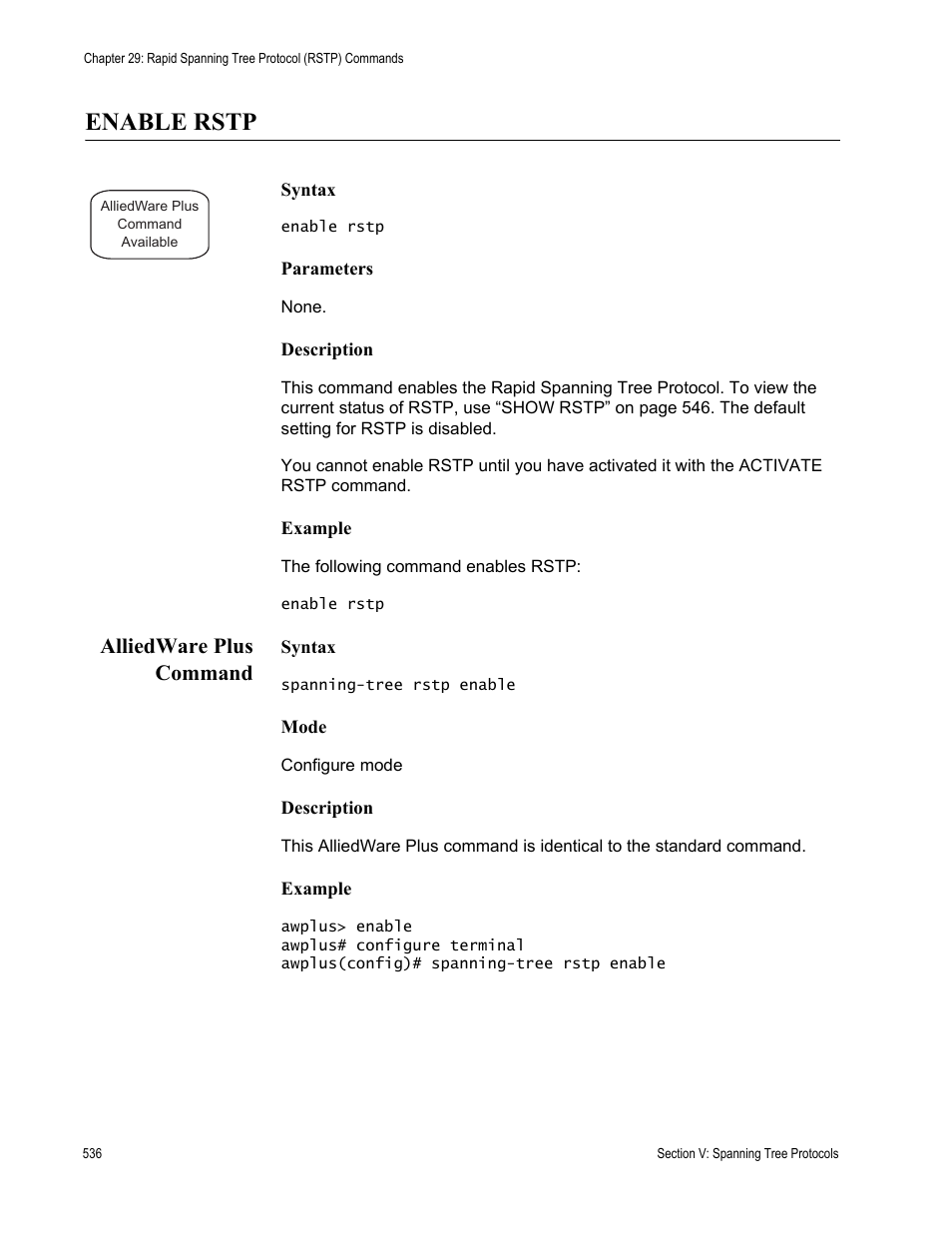 Enable rstp, Alliedware plus command | Allied Telesis AT-S63 User Manual | Page 536 / 836
