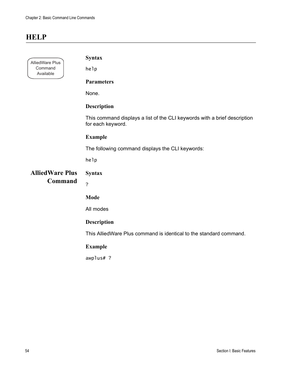 Help, Alliedware plus command | Allied Telesis AT-S63 User Manual | Page 54 / 836