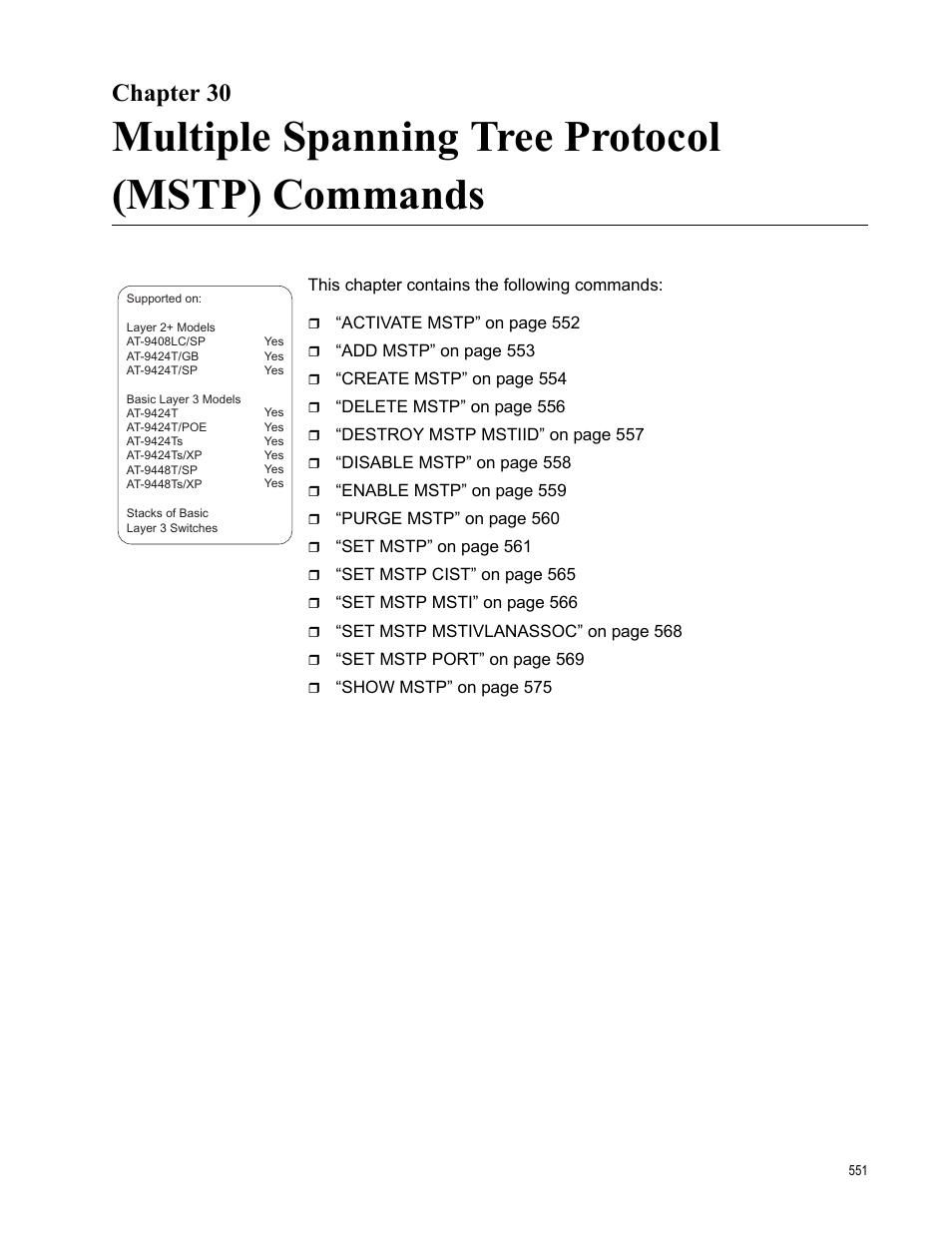 Chapter 30, Multiple spanning tree protocol (mstp) commands | Allied Telesis AT-S63 User Manual | Page 551 / 836