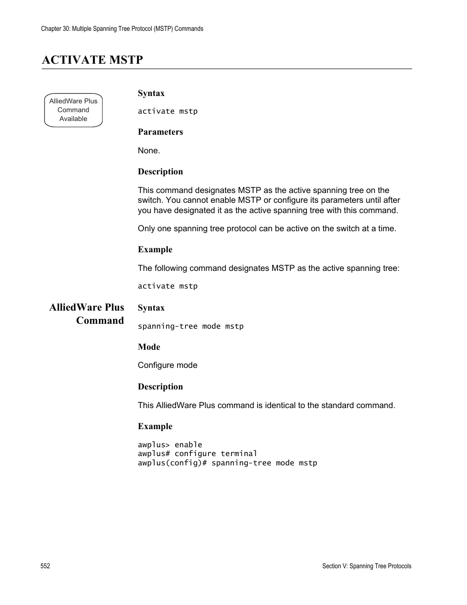 Activate mstp, Alliedware plus command | Allied Telesis AT-S63 User Manual | Page 552 / 836