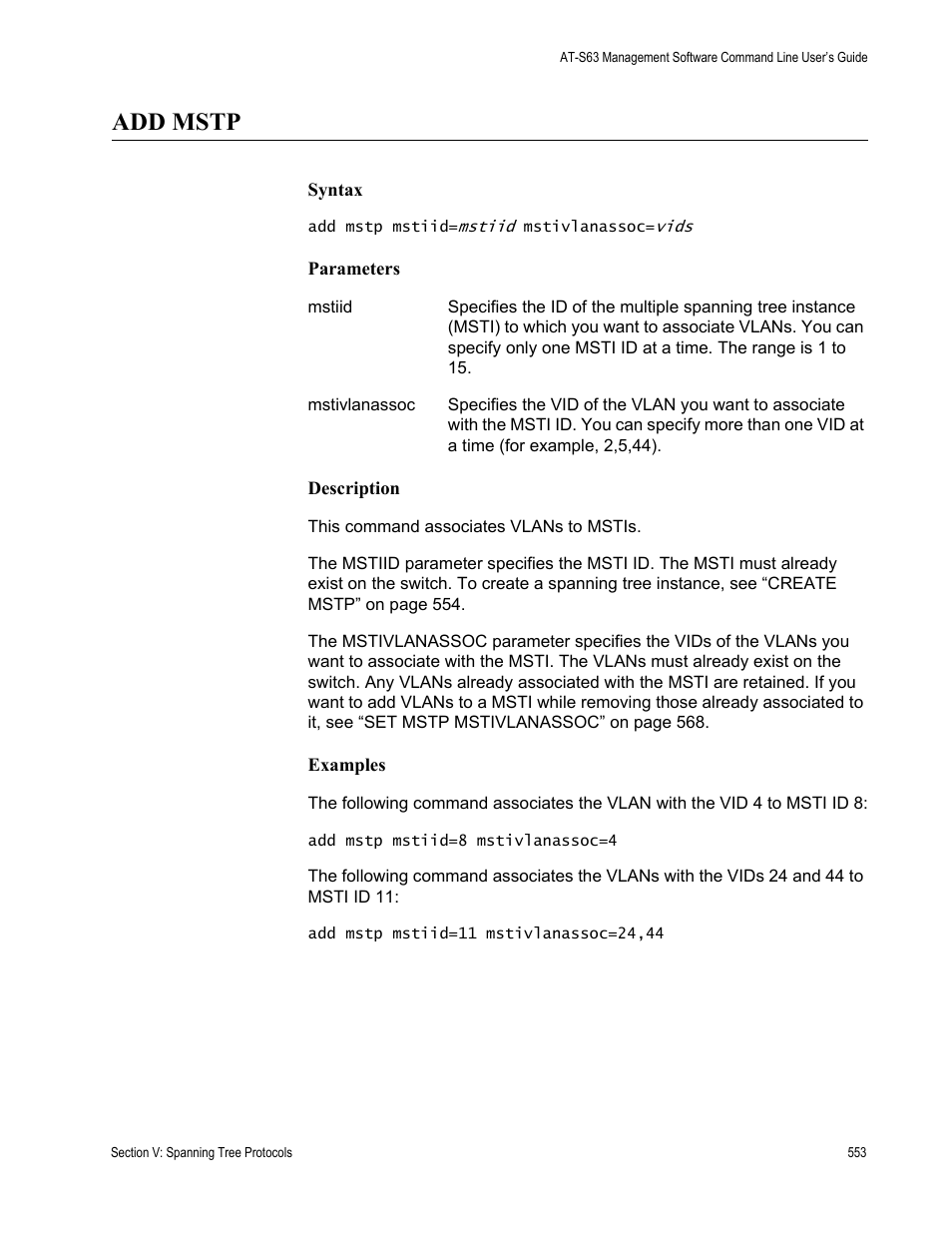 Add mstp | Allied Telesis AT-S63 User Manual | Page 553 / 836